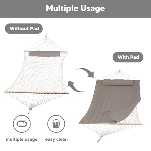 Image of SUNCREAT Hammocks 2 Person Hammock with Hardwood Spreader Bar, Double Rope Hammock with Polyester Pad, Brown