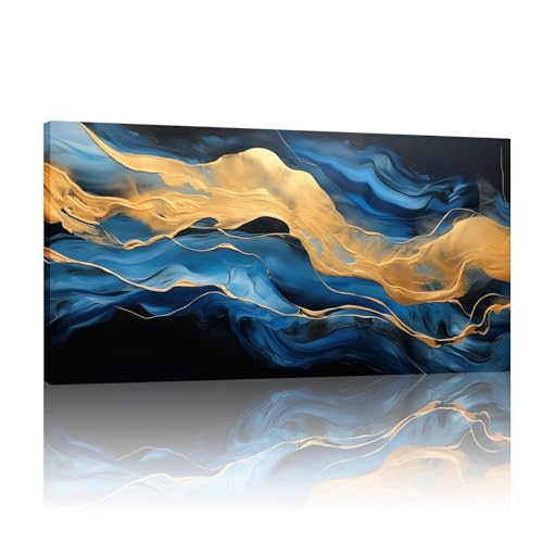 Art mural moderne pour salon et bureau grand tableau bleu et or