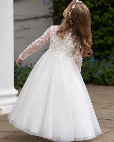 Tulle First Communion Dress Lace Long Sleeves Flower Girl Dresses for Wedding Princess Pageant Party Ball Gown2