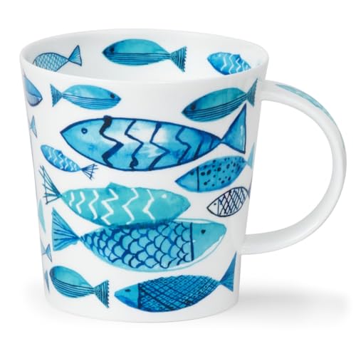 Dunoon Benmore Go Fish - Taza de porcelana fina (0,75 L), diseño de peces, color azul y blanco