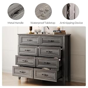 Linsy home farmhouse 8 drawer dresser grey chest of drawers for bedroom and living room organization wood dresser with ample storage space and rustic charm  urban country home decor