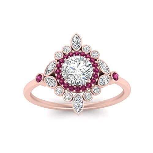 Image of 55Carat Choose Your Gemstone Round Halo Floral Engagement Ring Rose Gold Plated Round Shape Vintage Engagement Rings Everyday Jewelry Wedding Jewelry Handmade Gifts for Wife US Size 4 to 12