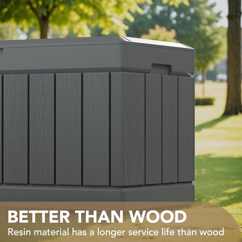 Image of Devoko 85 Gallon Deck Box Lockable Resin Outdoor Storage Box waterproof Outdoor Container for Patio Furniture Cushions, Pillow (Grey)
