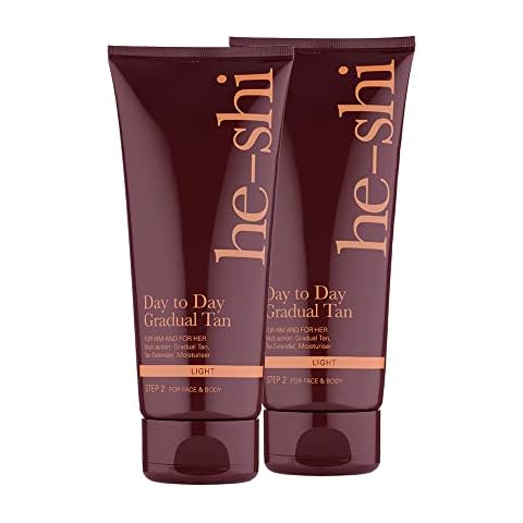He-Shi Day to Day Gradual Tan Moisturiser - No False Tan Smell - Easy Application - Natural Vegan Formula Containing Pro Vitamin E, B5 + Aloe Vera - Body & Face Self Tan (200 ml (Pack of 2)) Cover