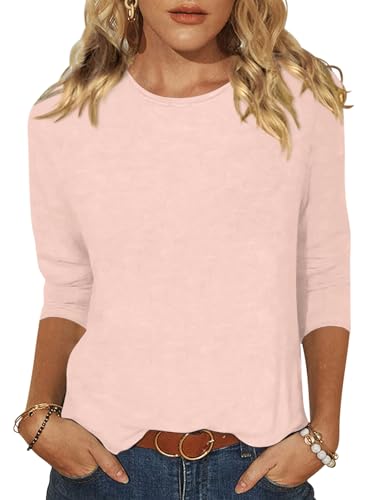 EADINVE Womens Casual 3/4 Sleeve T-Shirts Round Neck Cute Tunic Tops Basic Tees Blouses Loose Fit Pullover Pink