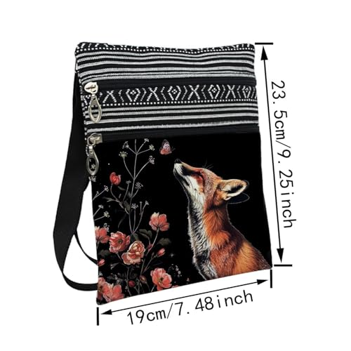 Floral Fox Messenger Bag Small Ethnic Pattern Printed Adjustable Strap Crossbody Zipper Bag Floral Fox Phone Bag Wallet Cute Shoulder Handbag for Women Friends -42