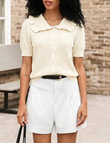 Image of Watashi Womens Ruffle Collar Puff Short Sleeve Cardigan Knit Crop Top | Peter Pan Collar Crochet Knitted Summer Fall Casual Work Wear Sweater