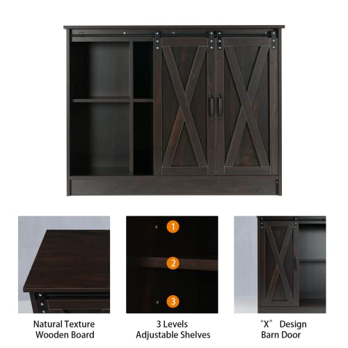 4 Ever Winner Farmhouse Coffee Bar, Wood Coffee Bar Cabinet With Sliding Barn Doors, Adjustable Shelves, Kitchen Buffet Storage Cabinet For Dining Room, Dark Brown #TOP3