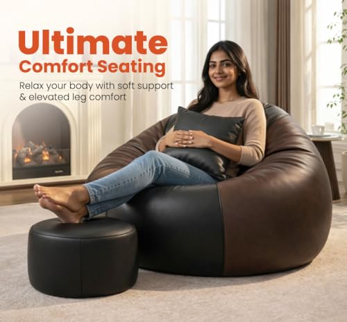 Image of Sattva Classic 2XL Bean Bag Chair with Beans Filled | Faux Leather Sofa Style Bin Bags with Footstool & Cushion | Comfortable Beans Bag for Adults, Teens, Home & Office Seating (Black & Brown)