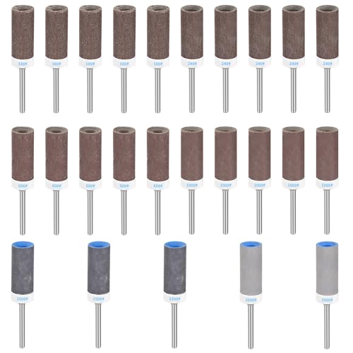 25 Piezas Tambores de Lijado para Dremel Herramienta Rotativa, Manguitos de Tambor Abrasivo, Grano 180/240/600/1000/1500/2000 Manguito de Lijado, Bandas de Lija con Mandriles Eje de 3 mm