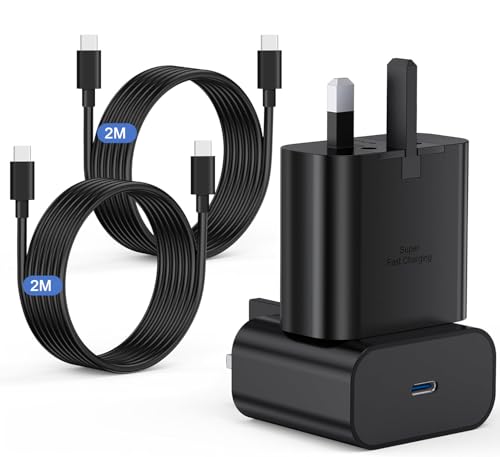 Samsung Fast Charger 2Pack Samsung USB C Charging Plug UK and 2M Cable USBC to Type C Long Lead for Galaxy S25 S24 S23 S22 S21 S20 A32 A33 A34 A35 A36 A53 A54 A55 A56 A52 A17 A16 A25 A26 A22 A23 A24