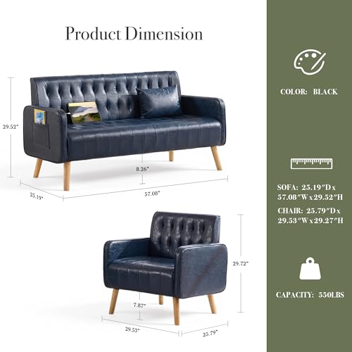 CHYMSUN Blue Leather Loveseat and Accent Chair Set of 2, Tufted Mini Sofa Couch w/USB Charging & Pockets, Mid-Century Modern Office Love Seat and Chair Set, 3 Pieces Living Room Furniture Set