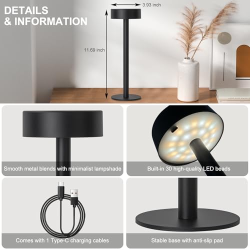 Briever Cordless Table Lamp, Rechargeable Battery Operated Lamp with 3 Colors Stepless, Dimmable LED Desk Lamp for Restaurant, Portable Touch Lamp for Living Room, Bedroom, Patio, Camping (Black) - Image 5