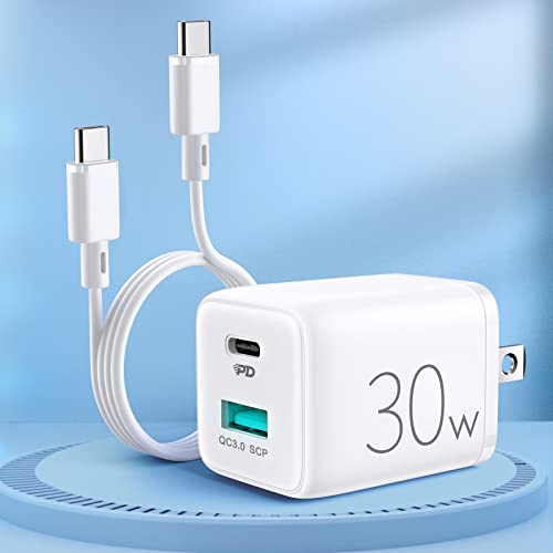 USB C Charger, 30W Mini 2-Port Super Fast Charger PD3.0 PPS [Samsung 25W Fast Charger] GaN+ Wall Charger Power Adapter for MacBook/Galaxy S21/Z Flip/iPhone 13/12/Pixel 6/iPad with 3.3ft c-c Cable
