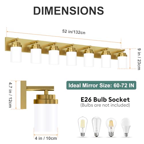 Image of IZORRO Bathroom Vanity Light Fixture, 7-Light 52 inch Gold Bathroom Light Fixtures Over Mirror, with White Glass Shade, Modern Farmhouse Vanity Lights, Rustic Restroom Lighting Fixtures