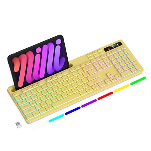 Image of Soueto Wireless Keyboard with 7-Color RGB Backlit, Full-Size Computer Keyboard with Phone Tablet Holder, 2.4G Rechargeable Gaming Keyboard with Light Up Keys, Compatible with Mac, Windows (Yellow)