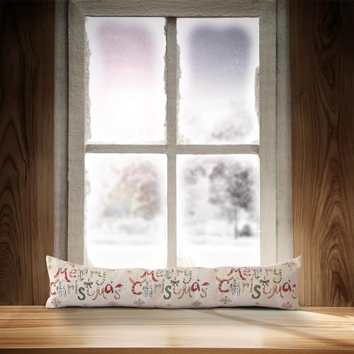Image of La Maison Christmas Festive Snowman Nordic Stag Red Draught Excluder Xmas Tapestry Woven Wind Stopper, Thermal, Insulation (Merry Christmas Cream)