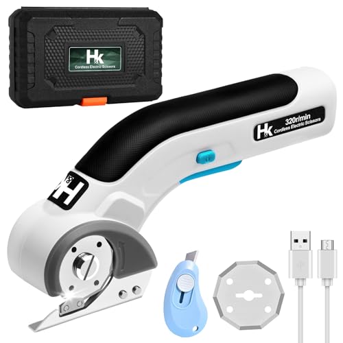 Image of HK Cordless Electric Scissors, 4V Electric Box Cutter, Carpet & Cardboard Cutter Tool with a Replacement Blade /Charger, Rotary Cutter for Cardboard Packages Leather Plastic