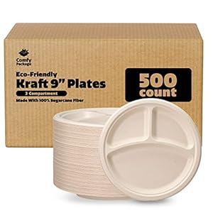 Comfy Package [Case of 500 100% Compostable 9 Inch Heavy-Duty Plates 3 Compartment Eco-Friendly Disposable Sugarcane Paper Plates- Brown Unbleached