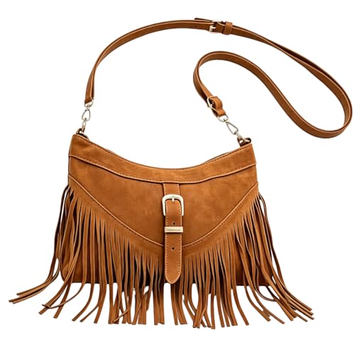 Image of Fringe Bag, Bohemian Style Leather Handbag with Tassel Details, Light Brown Crossbody Purse for Everyday Use, Durable Design with Adjustable Strap and Spacious Interior