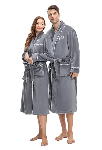 AW BRIDAL Embroidered His and Hers Robes Set of 2 Anniversary Mr and Mrs Matching Bathrobes for Couples Gray Plush Winter Robe for Women or Men Engagement and Wedding Bridal Shower Gifts for Couple