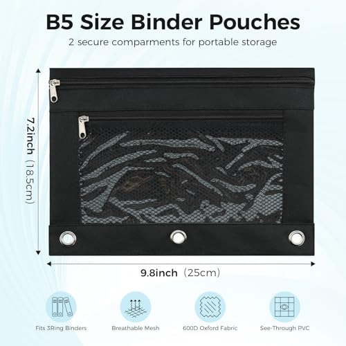 Image of Pencil Pouch for 3 Ring Binder, Pencil Case Bag with Zipper, 600D Fabric Pencil Pouch Holder Accessories, Clear Window Pencil Case Aesthetic Back to School Organizer Pockets for Boy Girl (Black)