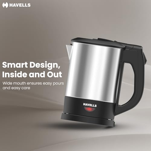 Image of Havells HOTSIP Electric Kettle | 1250 W | 1 L Capacity | Rust Resistant 304 Stainless Steel Tank | Triple Safety Protection | Wider Mouth for Easy Filling (Black & Silver)