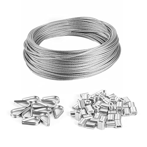 CCTVMTST 1/16 inch 316 Stainless Steel Cable Wire Rope, 33 FT Length 7x7 Strand Core with 50 Pieces Aluminum Sleeves and 12 Pcs Thimbles