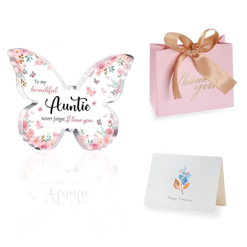 Image of Auntie Gifts, Butterfly Acrylic Plaque Auntie Birthday Gifts from Nephew Niece with Greeting Cards Gift Bags Best Aunty Gifts Leaving Gift for Women