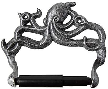 Cast Iron Octopus Toilet Paper Roll Holder - Nautical Bathroom Decor - Easy Installation - Silver & Black - Image 3