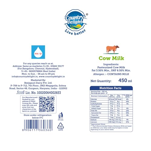 Image of Country Delight 100% Pure and Fresh Cow Milk, 450 ml Pouch