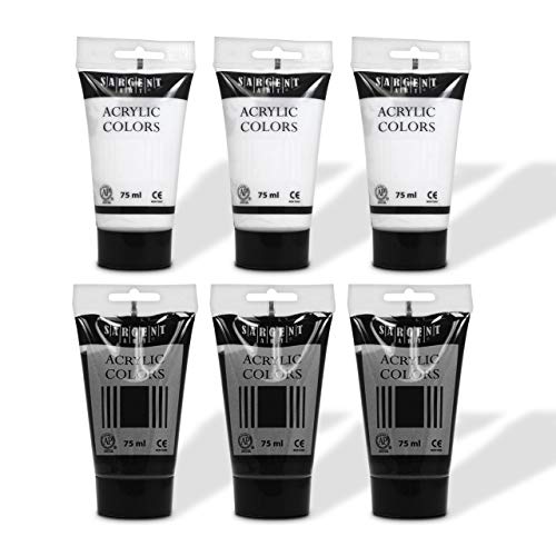 Sargent Art Acrylic Tube Paints, Pack of 75 ml tubes x 6 Black and White Colors, Non-Fading, Rich Vivid Pigments, Brilliant Matte Finish, Fast Dry Formula, Non-Toxic Sargent Art Acrylic Tube Paints, Pack of 75 ml tubes x 6 Black and White Colors, Non-Fading, Rich Vivid Pigments, Brilliant Matte Finish, Fast Dry Formula, Non-Toxic