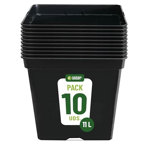 Control Garden Pack 20 Macetas Cuadradas para Plantas Negra 11 L - Maceteros de Plástico para Flores - Tiesto para Cultivos Resistente