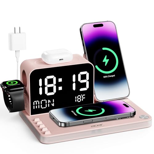 Image of Acer 7-in-1 Wireless Charging Station with LED Clock - 30W Fast Wireless Charger for iPhone 16 /15 /14 /13 /12 /Pro Max, Apple Watch, AirPods - Bluetooth Auto Time Sync & Night Lights (Pink)