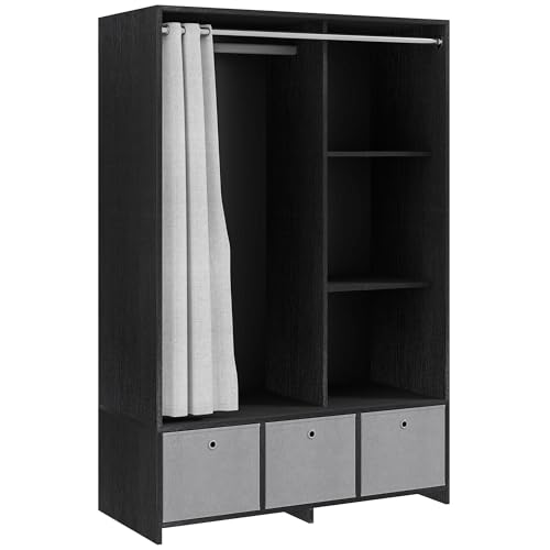 HOMCOM Armoire penderie, Dressing avec Rideau, Armoire Chambre vêtement, Garde-Robe avec Tringle, 3 Compartiments et 3 tiroirs en Tissu Amovibles - 105 x 48 x...