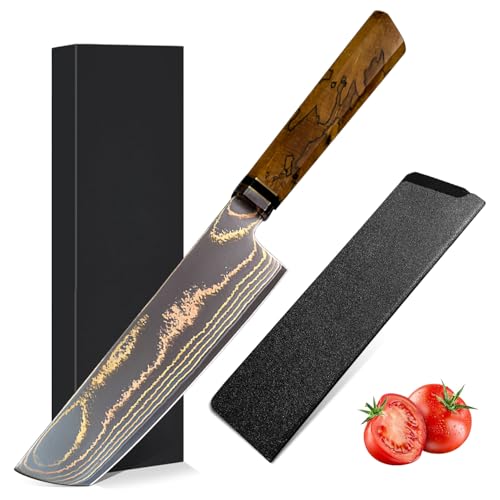 Irai Utaki 高級菜切り包丁 刃渡り155mm 両刃 黄銅入り37層ダマスカス模様 V金粉未ハイス鋼 持ちやすい固化木ハンドル 千切り 野菜 根菜類 輪切り 家庭 料理 プロ向け ギフト