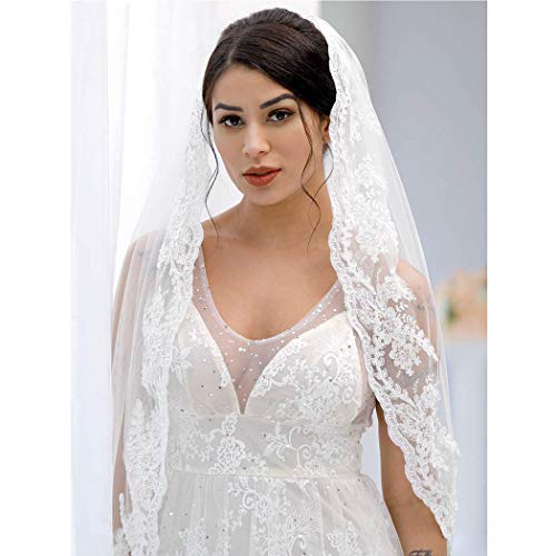 Yean Bride Wedding Veil Ivory Bridal Hair Accessories Waist Veil with Lace Edge and Comb Attached 1 Tier 35 Inches