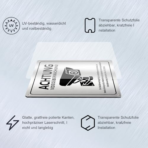 Holtrae 4 Stück Videoüberwachung Schild 15 x 15cm Schild Videoüberwachung Privatgrundstück Gebürstetes Aluminium Kameraüberwachung mit Selbstklebend Für Überwachungskamera Oder Kamera Attrappe