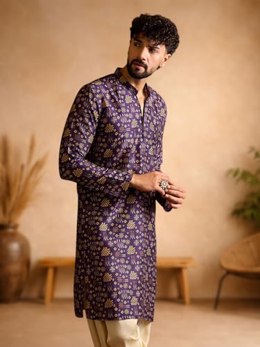 Image of Amazon Brand - Tavasya Men Silk Blend Ethnic Motif Printed Embellished Long Kurta | Regular Fit | Ethnic Wear | Full Sleeve