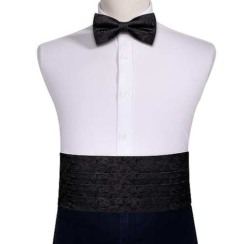 Image of Barry.Wang Men Silk Paisley Cummerbund and Pre-tied Bowtie Handkerchief Cufflink Set for Tuxedo