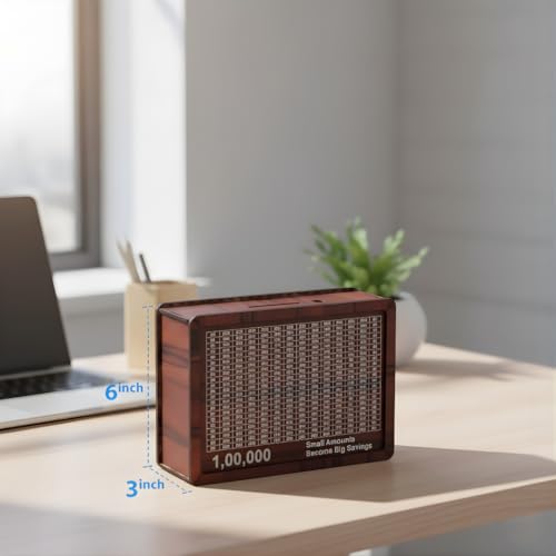 Image of Wooden Money Bank with Savings Tracker | 100000 Goal Piggy Bank for Kids | Cash Collection Toy with Savings Chart (Brown, Target : 1 Lakh (1 Pc))