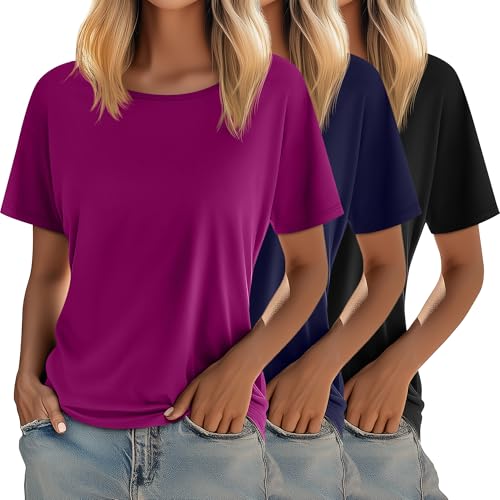 Riyiper 3 Pack Women's Crewneck Tshirts, Casual Summer Loose Tees Basic Short Sleeve Tops Classic Plain Tees Tops for Ladies