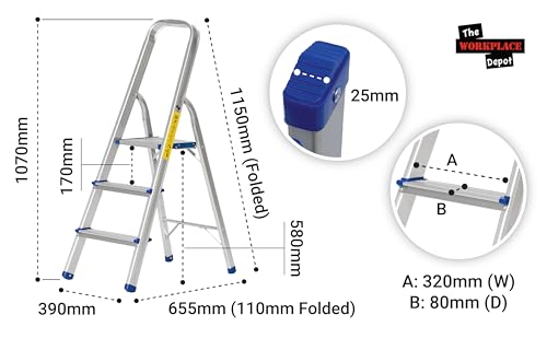 The Workplace Depot 3-Step Aluminium Step Ladder with Anti-Slip Feet & Handrail, 150kg Max Capacity, Lightweight & Easy to Store, Perfect for Kitchen, Office & Household Use((3 Tread)) 8 The Workplace Depot 3-Step Aluminium Step Ladder with Anti-Slip Feet & Handrail, 150kg Max Capacity, Lightweight & Easy to Store, Perfect for Kitchen, Office & Household Use((3 Tread)) - Image 8