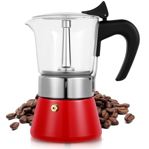 Image of Induction Moka Pot, 6 Cups (10.6 oz) Crystal Glass-Top & Stainless Steel Moka Pot, Classic Stovetop Espresso Maker, Red