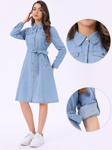 Image of Allegra K Denim Dress for Women's Long Sleeve Button Down A-Line Belted Classic Jean Dresses
