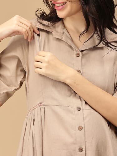 Image of The Mom Store Maternity & Nursing Midi Dress for Women | Pregnancy & Postpartum Wear | Cotton Flex Dress for New Mom | Trendy Stylish Comfortable Feeding Dress for Womens | Causal Office Formal Wear