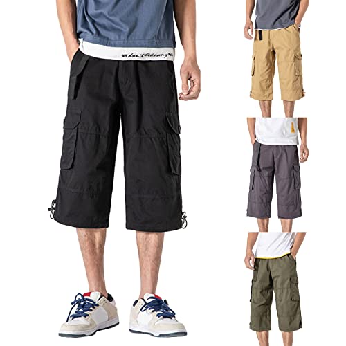 Mens Casual Cargo Capri Shorts Summer Loose Fit Plus Size Cotton Pants Outdoor Work Capris for Hiking Travel Fishing Black