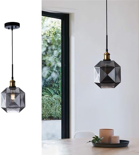 KAIQI Pendant Light Glass Pendant Lighting Gray Hanging Light Fixtures Gold Polished Finish with Ajustable Cord for Kitchen Island Dining Room Bar