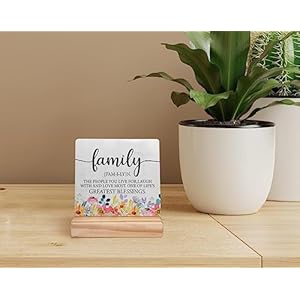 Family Definition Floral Wood Plaque with Wooden StandInspirational Family Wooden Plaque Sign Desk Decor for Home Bedroom Living Room Table Shelf Decoration