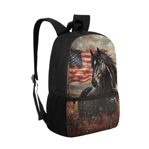 Horse Kids Boys Backpack US Flag Roomy Schoolbag for Kids Education Personalized Versatile Backpack with Adjustable Padded Strap for 1st-6th Grade2